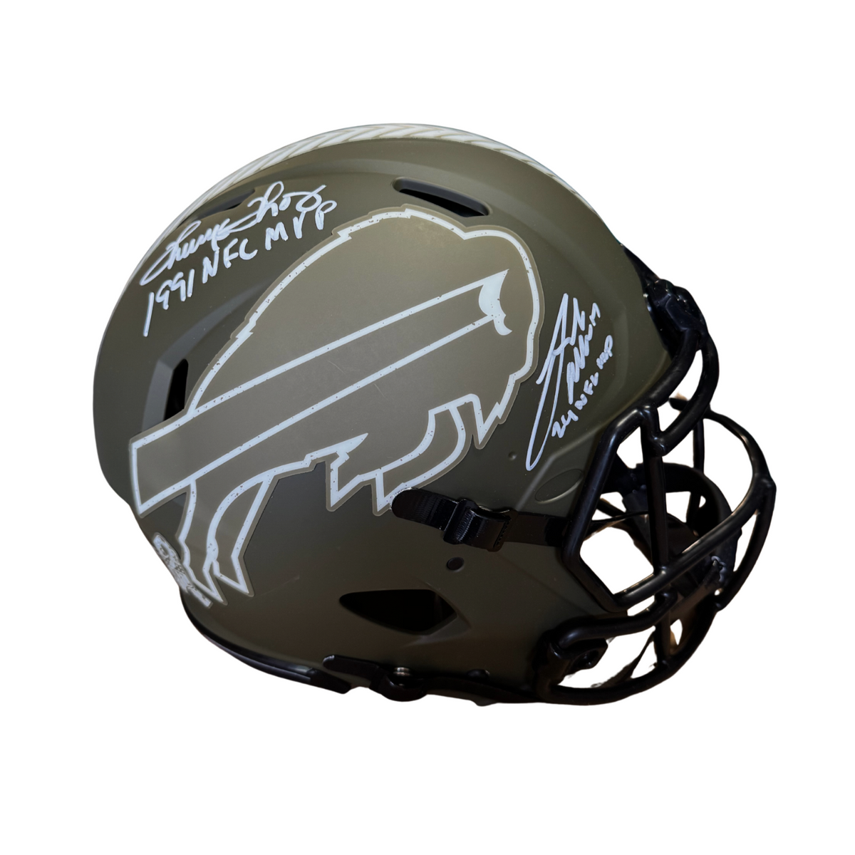 Josh Allen and Thurman Thomas Dual Signed Buffalo Bills Full Size Salute to Service Speed Authentic Helmet with "24 NFL MVP" and "1991 NFL MVP"
